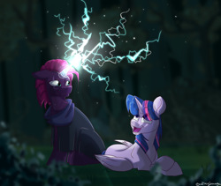 Size: 1280x1080 | Tagged: safe, artist:aaftergloweeye, imported from derpibooru, fizzlepop berrytwist, tempest shadow, twilight sparkle, alicorn, pony, unicorn, spoiler:mlp friendship is forever, duo, duo female, eye scar, female, horn, lightning, looking up, lying down, magic, open mouth, open smile, prone, scar, sitting, smiling, sparking horn, twilight sparkle (alicorn)