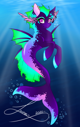 Size: 1318x2088 | Tagged: safe, artist:shadowdash44, imported from derpibooru, oc, oc only, merpony, seapony (g4), bubble, crepuscular rays, dorsal fin, eyelashes, fin wings, fins, fish tail, flowing tail, looking at you, ocean, pink eyes, signature, smiling, solo, sunlight, swimming, tail, underwater, water, wings