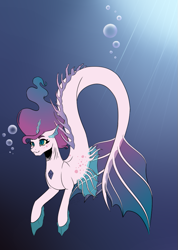 Size: 689x968 | Tagged: safe, artist:nathy2001, imported from derpibooru, oc, oc only, merpony, bubble, crepuscular rays, dorsal fin, fins, fish tail, flowing mane, flowing tail, gem, ocean, smiling, solo, sunlight, swimming, tail, underwater, water