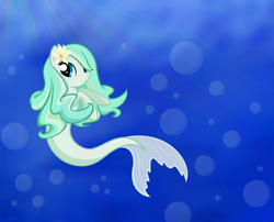 Size: 2531x2043 | Tagged: safe, artist:mappymaples, imported from derpibooru, oc, oc only, merpony, seapony (g4), blue eyes, bubble, crepuscular rays, female, fish tail, flower, flower in hair, flowing tail, high res, ocean, solo, swimming, tail, underwater, water