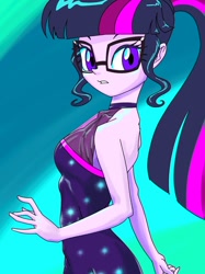 Size: 756x1009 | Tagged: safe, artist:xjleiu, imported from derpibooru, sci-twi, twilight sparkle, equestria girls, equestria girls series, spring breakdown, spoiler:eqg series (season 2), backless, bare shoulders, female, glasses, pixiv, ponytail, sleeveless, solo