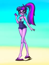 Size: 757x1008 | Tagged: safe, artist:xjleiu, imported from derpibooru, sci-twi, twilight sparkle, human, equestria girls, equestria girls series, forgotten friendship, beach, cellphone, clothes, female, glasses, heel pop, one-piece swimsuit, phone, ponytail, sandals, sci-twi swimsuit, sleeveless, smartphone, solo, swimsuit