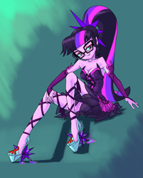 Size: 2087x2592 | Tagged: safe, artist:xjleiu, imported from derpibooru, sci-twi, twilight sparkle, equestria girls, bare shoulders, breasts, cleavage, clothes, crossed legs, dress, female, glasses, glowing eyes, high heels, high res, midnight sparkle, ponytail, shoes, sleeveless, solo, strapless