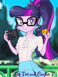 Size: 900x1200 | Tagged: safe, artist:xjleiu, imported from derpibooru, sci-twi, twilight sparkle, equestria girls, camera, clothes, contax t, female, glasses, kodak, polo shirt, ponytail, skirt, solo