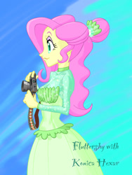 Size: 900x1200 | Tagged: safe, artist:xjleiu, imported from derpibooru, fluttershy, equestria girls, equestria girls series, so much more to me, camera, clothes, dress, eyeshadow, female, film reel, hair bun, konica hexar, lipstick, makeup, solo