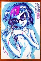 Size: 800x1200 | Tagged: safe, artist:xjleiu, imported from derpibooru, sci-twi, twilight sparkle, equestria girls, alternate hairstyle, clothes, female, glasses, haircut, inktober, inktober 2020, scissors, short hair, solo, tanktop