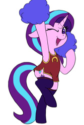 Size: 667x1000 | Tagged: safe, artist:slamjam, imported from derpibooru, starlight glimmer, pony, cheering, cheerleader, clothes, cute, cutie mark, looking at you, one eye closed, raised leg, simple background, stockings, thigh highs, white background, wink, winking at you