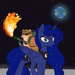 Size: 1000x1000 | Tagged: safe, artist:slamjam, imported from derpibooru, princess luna, airpods, cheems, flamethrower, moon, sunglasses, weapon