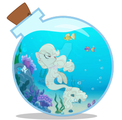 Size: 1920x1881 | Tagged: safe, artist:dianamur, imported from derpibooru, oc, oc only, fish, seapony (g4), bottle, bubble, coral, crepuscular rays, deviantart watermark, ear fluff, female, fish tail, flowing mane, flowing tail, glass, looking up, obtrusive watermark, ocean, open mouth, seaweed, simple background, smiling, solo, sunlight, swimming, tail, transparent background, underwater, water, watermark