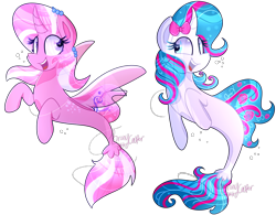 Size: 1370x1067 | Tagged: safe, artist:llyly, artist:lynchristina, imported from derpibooru, oc, oc only, alicorn, pony, seapony (g4), unicorn, blue eyes, dorsal fin, female, fin wings, fish tail, flowing mane, flowing tail, horn, looking at each other, open mouth, purple eyes, seaponified, simple background, smiling, species swap, tail, teeth, transparent background, wings