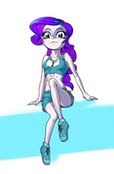 Size: 593x900 | Tagged: safe, artist:xjleiu, idw, imported from derpibooru, rarity, equestria girls, spoiler:comicequestriagirlsmarchradness, clothes, eyeshadow, female, hairpin, makeup, march radness, midriff, pink panties, shorts, socks, solo, sports bra, sports panties, sports shoes, sports shorts, upshorts