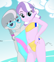 Size: 5280x6060 | Tagged: source needed, safe, artist:dtavs.exe, imported from derpibooru, imported from ponybooru, diamond tiara, silver spoon, bird, seagull, equestria girls, beach, belly button, bikini, clothes, cloud, female, glasses, lolicon, midriff, one-piece swimsuit, plane, swimsuit, underage, water
