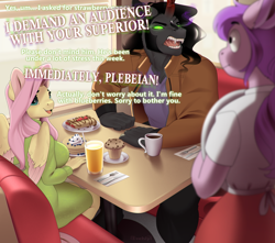 Size: 1016x900 | Tagged: safe, artist:evehly, imported from derpibooru, fluttershy, king sombra, oc, anthro, pegasus, unicorn, alternate hairstyle, angry, big breasts, breakfast, breasts, busty fluttershy, clothes, coat, coffee, coffee mug, colored wings, commission, crepe, cute, dialogue, diner, disproportionate retribution, fangs, female, food, fork, glowing eyes, i'm a big fan of the bad guys, karen, karen sombra, knife, male, mare, muffin, mug, napkin, open mouth, pancakes, plebeian, rage, sexy, sharp teeth, shipping, shirt, shyabetes, skirt, sombra eyes, sombrashy, stallion, straight, sweater, sweater dress, sweater puppies, sweatershy, table, teeth, this will end in tears, turtleneck, two toned wings, waitress, wings