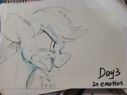 Size: 1638x1228 | Tagged: dead source, safe, artist:yaaaco, artist:yaco, imported from derpibooru, rainbow dash, pegasus, pony, angry, crying, female, mare, newbie artist training grounds, open mouth, sketch, solo, traditional art