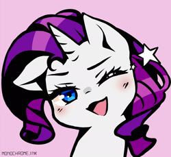 Size: 2400x2200 | Tagged: safe, artist:monochrome, imported from derpibooru, rarity, pony, unicorn, :3, blushing, cute, female, high res, looking at you, mare, monochrome, one ear down, one eye closed, open mouth, open smile, raribetes, smiling, wink, winking at you