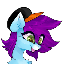 Size: 1000x1000 | Tagged: safe, artist:minty--fresh, imported from derpibooru, oc, oc only, oc:periwinkle, pony, :p, big eyelashes, big eyes, cute, female, green eyes, hat, pfp, piercing, purple mane, solo, tongue out