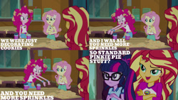 Size: 1280x720 | Tagged: safe, edit, edited screencap, editor:quoterific, imported from derpibooru, screencap, fluttershy, pinkie pie, sci-twi, sunset shimmer, twilight sparkle, equestria girls, legend of everfree, belt, camp everfree outfits, clothes, crossed arms, female, food, glasses, hairpin, open mouth, pinkie being pinkie, ponytail, sprinkles, tanktop