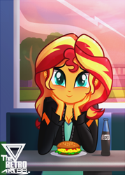 Size: 1490x2076 | Tagged: safe, artist:theretroart88, imported from derpibooru, sunset shimmer, equestria girls, blushing, breasts, burger, cleavage, cute, daaaaaaaaaaaw, food, hamburger, holding head, looking at you, pepsi, shimmerbetes, soda, solo, weapons-grade cute