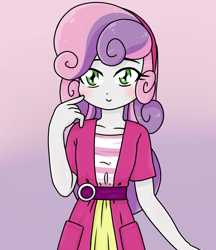 Size: 640x740 | Tagged: safe, artist:batipin, imported from derpibooru, sweetie belle, equestria girls, blushing, female, looking at you, looking back, looking back at you, pink background, simple background, solo