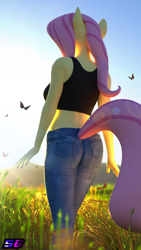 Size: 2160x3840 | Tagged: safe, artist:shadowboltsfm, imported from derpibooru, fluttershy, anthro, butterfly, plantigrade anthro, 3d, 4k, ass, beautiful, blender, breasts, busty fluttershy, butt, clothes, flutterbutt, grass, grass field, high res, implied tail hole, jeans, lens flare, midriff, nature, not sfm, pants, rearboob, short shirt, sleeveless, solo, tail, tanktop