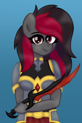 Size: 1220x1819 | Tagged: safe, artist:froyo15sugarblast, imported from derpibooru, oc, oc only, oc:discordant storm, anthro, pegasus, arm behind back, armor, eye clipping through hair, female, gem, gradient background, hidden wings, looking at you, ruby, solo, sword, weapon