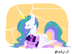 Size: 1200x900 | Tagged: safe, artist:efuji_d, artist:epuji-d, imported from derpibooru, princess celestia, twilight sparkle, alicorn, pony, unicorn, cute, cutelestia, duo, eyes closed, female, hug, lying down, mare, momlestia, pixiv, profile, prone, sleeping, sploot, sun, twiabetes, unicorn twilight, wing blanket, winghug, wings