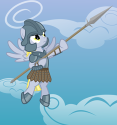 Size: 3000x3200 | Tagged: safe, artist:the smiling pony, imported from derpibooru, derpy hooves, pegasus, pony, .svg available, armor, armor skirt, clothes, cloud, flying, frown, helmet, high res, skirt, solo, spear, spread wings, svg, vector, weapon, wings