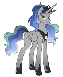 Size: 1114x1356 | Tagged: safe, artist:d1sgust1nqq, imported from derpibooru, king sombra, princess celestia, oc, oc only, alicorn, bicorn, pony, alicorn oc, crown, female, fusion, heterochromia, horn, horns, jewelry, mare, multiple horns, regalia, simple background, solo, white background, wings