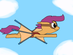 Size: 1500x1125 | Tagged: safe, artist:blazewing, imported from derpibooru, scootaloo, spoiler:comic, spoiler:comic81, artificial wings, atg 2021, augmented, cloud, female, filly, flying, foal, glider, goggles, newbie artist training grounds, sky, smiling, wings