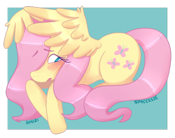 Size: 1024x811 | Tagged: safe, alternate version, artist:spacessie, imported from derpibooru, fluttershy, pegasus, pony, blushing, covering, cute, daaaaaaaaaaaw, female, hair over one eye, lying down, mare, prone, redraw, shy, shyabetes, solo, spread wings, wing covering, wings