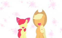 Size: 1600x1000 | Tagged: safe, artist:garammasara, artist:garamumasara2ha, imported from derpibooru, apple bloom, applejack, earth pony, pony, duo, female, filly, lineless, mare, no eyes, open mouth, open smile, siblings, sisters, smiling