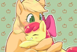 Size: 1024x692 | Tagged: safe, artist:ashitaka_kiyu, imported from derpibooru, apple bloom, applejack, earth pony, pony, blushing, eyes closed, female, filly, grin, hug, mare, siblings, sisters, smiling