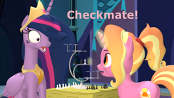 Size: 1920x1080 | Tagged: safe, artist:red4567, imported from derpibooru, luster dawn, twilight sparkle, alicorn, pony, unicorn, the last problem, 3d, 3d chess, atg 2021, checkmate, chess, crown, dialogue, duo, duo female, female, glowing horn, horn, jaw drop, jewelry, looking at each other, magic, magic aura, mare, newbie artist training grounds, older, older twilight, princess twilight 2.0, regalia, shocked, source filmmaker, star trek, twilight sparkle (alicorn)