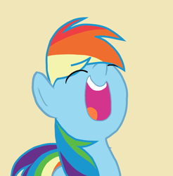 Size: 984x1000 | Tagged: source needed, safe, artist:appliedscience, imported from derpibooru, rainbow dash, pegasus, pony, eyes closed, happy, laughing, open mouth, simple background, solo, volumetric mouth, yellow background