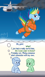 Size: 1000x1716 | Tagged: safe, artist:phallen1, derpibooru exclusive, imported from derpibooru, rainbow dash, oc, oc:software patch, oc:windcatcher, atg 2021, bound wings, chained, clothes, colored sketch, cuffs, dialogue, escape, falling, gritted teeth, jumpsuit, mouth hold, newbie artist training grounds, parachute, plane, prison outfit, prisoner rd, pulling, shitposting, smoke, teary eyes, wings