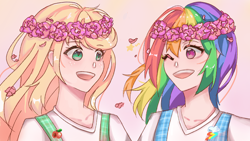 Size: 500x282 | Tagged: artist needed, source needed, safe, imported from derpibooru, applejack, rainbow dash, human, appledash, female, humanized, lesbian, shipping