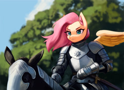 Size: 2000x1458 | Tagged: safe, artist:mrscroup, imported from derpibooru, fluttershy, anthro, horse, pegasus, anthros riding horses, armor, badass, cloud, convincing armor, flutterbadass, flutterknight, horse-pony interaction, knight, riding, sky, solo, sword, tree, weapon