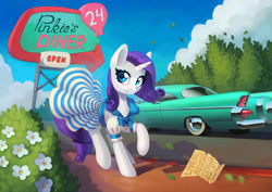 Size: 1400x990 | Tagged: safe, artist:asimos, imported from derpibooru, rarity, pony, unicorn, 1950s, 50s, bow, car, clothes, cute, diner, dress, female, flower, implied pinkie pie, mare, raribetes, sign, solo