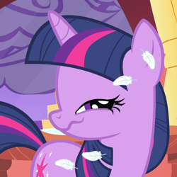 Size: 1080x1080 | Tagged: safe, imported from derpibooru, screencap, twilight sparkle, pony, unicorn, look before you sleep, season 1, cropped, feather, female, golden oaks library, mare, solo, unicorn twilight, wavy mouth