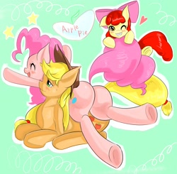 Size: 2120x2080 | Tagged: safe, artist:uguisunokoe1919, imported from derpibooru, apple bloom, applejack, pinkie pie, earth pony, pony, adorabloom, balloonbutt, blushing, butt, cute, diapinkes, female, filly, grin, heart, high res, jackabetes, mare, one eye closed, plot, smiling, wink