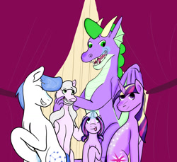 Size: 1280x1172 | Tagged: safe, artist:14errantartistgd, imported from derpibooru, orion, shooting star (character), spike, twilight sparkle, oc, oc:aurora sparkle-star, oc:serenity sparkle-star, dragon, pony, unicorn, adopted offspring, family, female, filly, male, mare, offspring, older, older spike, parent:shooting star, parent:twilight sparkle, shipping, stallion, straight, unicorn twilight, winged spike, wings