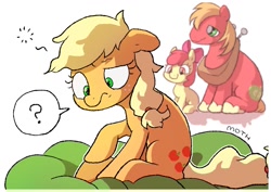 Size: 1457x1032 | Tagged: safe, artist:mochi_nation, imported from derpibooru, apple bloom, applejack, big macintosh, earth pony, pony, bed, confused, female, filly, male, mare, messy mane, question mark, sitting, speech bubble, stallion, translation request, trio, waking up