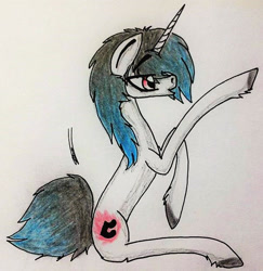 Size: 602x619 | Tagged: safe, artist:beamybutt, imported from derpibooru, oc, oc only, pony, unicorn, horn, male, signature, sitting, solo, stallion, traditional art, unicorn oc