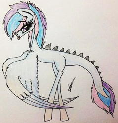 Size: 663x694 | Tagged: safe, artist:beamybutt, imported from derpibooru, oc, oc only, dinosaur, feathered dinosaur, hybrid, pony, velociraptor, :p, eyelashes, female, signature, solo, tongue out, traditional art, wings