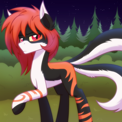 Size: 2048x2048 | Tagged: safe, artist:whitequartztheartist, imported from derpibooru, oc, oc only, oc:moeru tamashi, earth pony, fox, fox pony, hybrid, pony, body markings, countershading, forest, high res, red eyes, solo, two tails