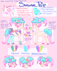 Size: 900x1125 | Tagged: safe, artist:lavvythejackalope, imported from derpibooru, oc, oc only, oc:sugar pop, earth pony, pony, :d, candy, earth pony oc, female, food, heterochromia, lollipop, mare, reference sheet, smiling