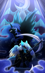 Size: 2749x4500 | Tagged: safe, alternate version, artist:inspiredpixels, imported from derpibooru, nightmare moon, oc, alicorn, anthro, hybrid, pony, clothes, female, high res, mare, scythe