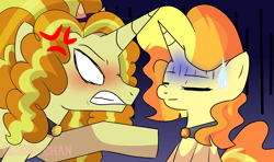 Size: 2148x1269 | Tagged: dead source, source needed, safe, artist:cherritoppu, artist:maiii-san, imported from derpibooru, adagio dazzle, oc, oc:twinkle topaz, pony, unicorn, angry, blushing, equestria girls ponified, eyes closed, female, gritted teeth, horn, magical lesbian spawn, mare, mother and child, mother and daughter, offspring, parent:adagio dazzle, parent:sunset shimmer, parents:sunsagio, ponified, raised hoof, sweat, sweatdrop, unicorn oc, white eyes