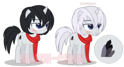 Size: 2193x1189 | Tagged: dead source, safe, artist:cherritoppu, artist:maiii-san, imported from derpibooru, oc, oc only, pony, unicorn, blushing, clothes, duo, eyelashes, female, horn, mare, scarf, simple background, transparent background, unicorn oc