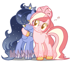 Size: 674x599 | Tagged: dead source, safe, artist:cherritoppu, artist:maiii-san, imported from derpibooru, oc, oc only, oc:cherry bloom, alicorn, pony, unicorn, alicorn oc, blushing, ethereal mane, female, heart, hoof shoes, horn, looking at each other, mare, side hug, simple background, smiling, smiling at each other, starry mane, transparent background, unicorn oc, unshorn fetlocks, wings